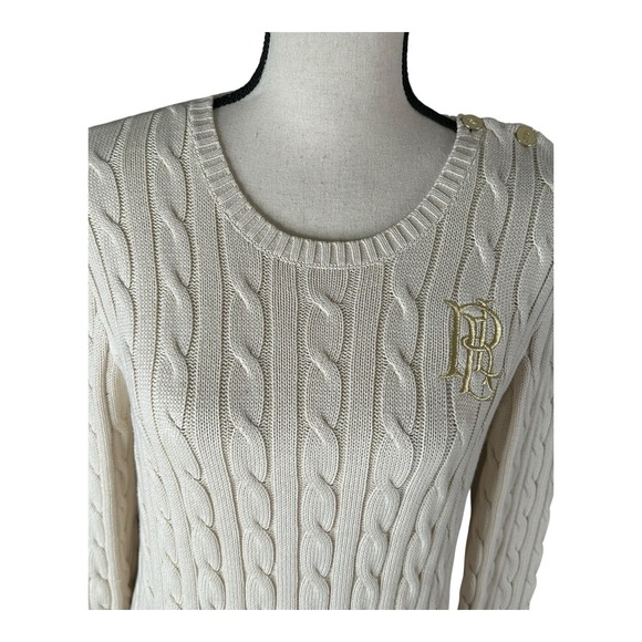Genuine Lauren Ralph Lauren button‎ Trim Cable Knit Sweater -ivory Watch Sz L - Picture 4 of 16
